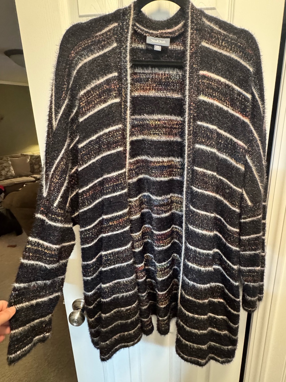 ModCloth Navy Black & Rainbow Striped Fuzzy Long Sleeve Cardigan Sweater Size 3X